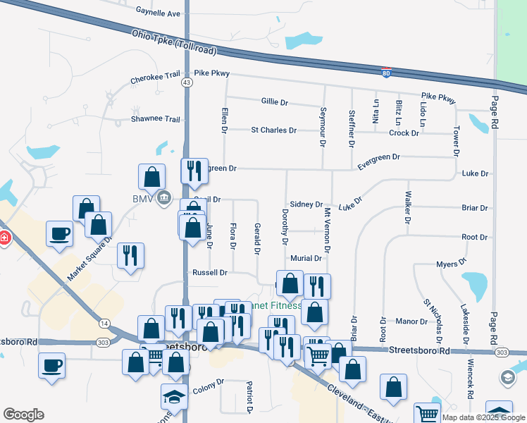 map of restaurants, bars, coffee shops, grocery stores, and more near 9352 Gerald Drive in Streetsboro