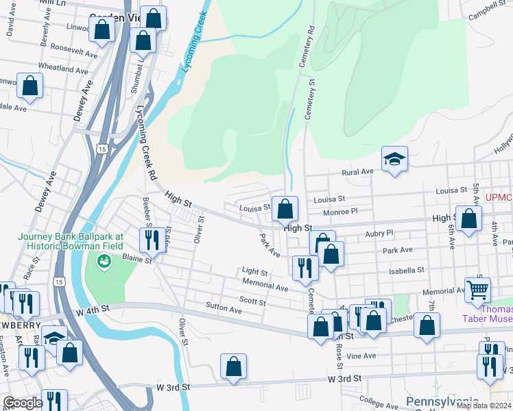 map of restaurants, bars, coffee shops, grocery stores, and more near 1526 Louisa Street in Williamsport