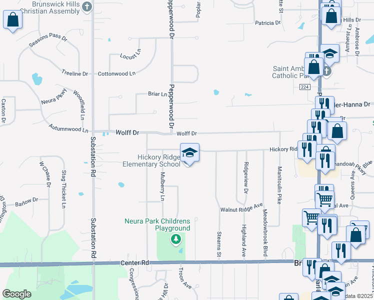 map of restaurants, bars, coffee shops, grocery stores, and more near 4628 Hickory Ridge Avenue in Brunswick
