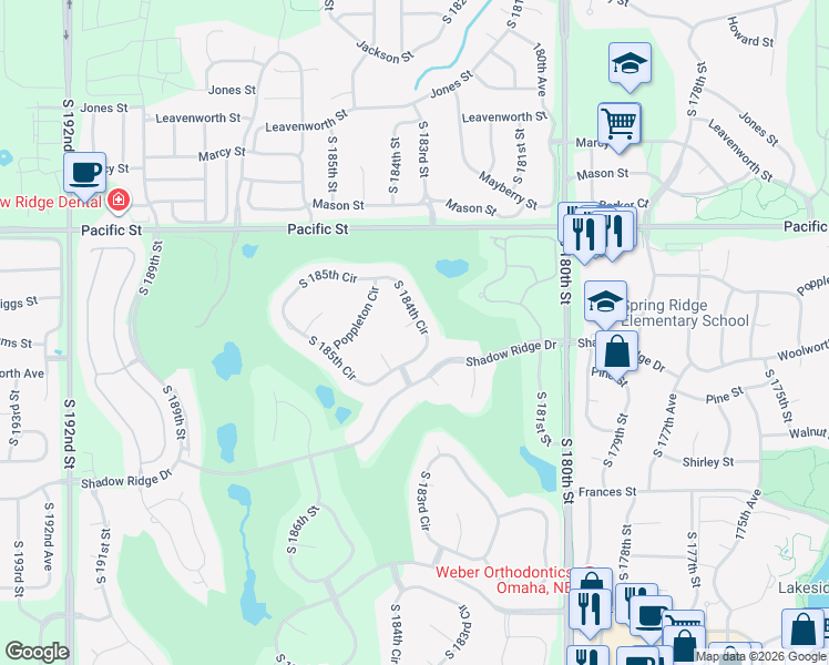 map of restaurants, bars, coffee shops, grocery stores, and more near 18401 William Circle in Omaha