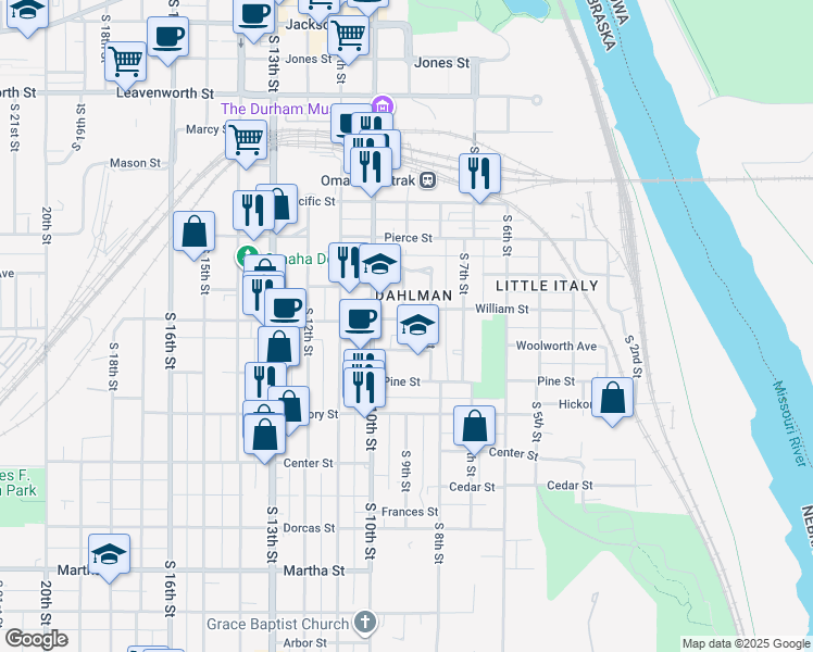map of restaurants, bars, coffee shops, grocery stores, and more near 825 William Street in Omaha