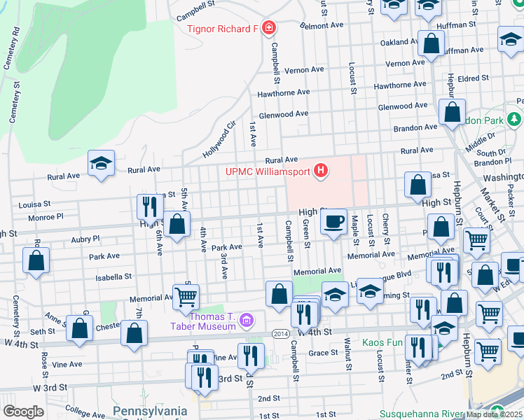 map of restaurants, bars, coffee shops, grocery stores, and more near 828 High Street in Williamsport