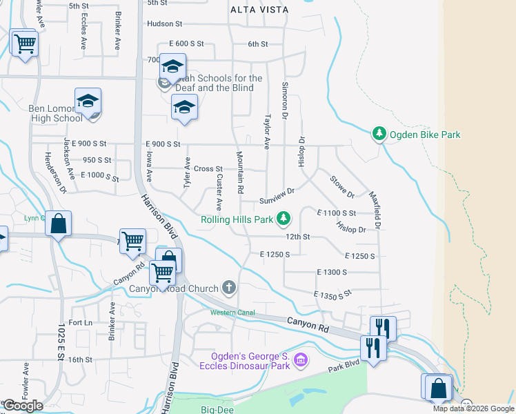 map of restaurants, bars, coffee shops, grocery stores, and more near 1010 Sunview Circle in Ogden