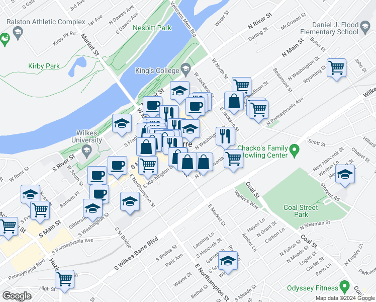 map of restaurants, bars, coffee shops, grocery stores, and more near 21 East Union Street in Wilkes-Barre