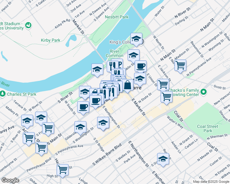 map of restaurants, bars, coffee shops, grocery stores, and more near 15 South Main Street in Wilkes-Barre