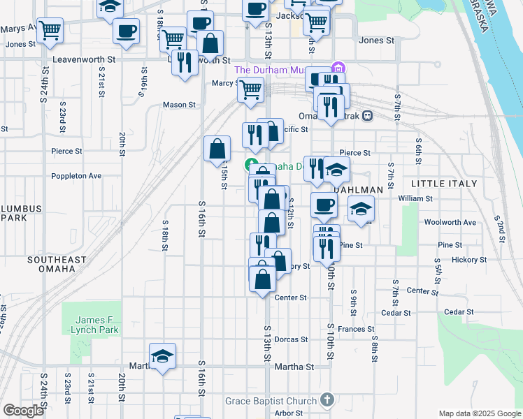 map of restaurants, bars, coffee shops, grocery stores, and more near 1402 South 13th Street in Omaha