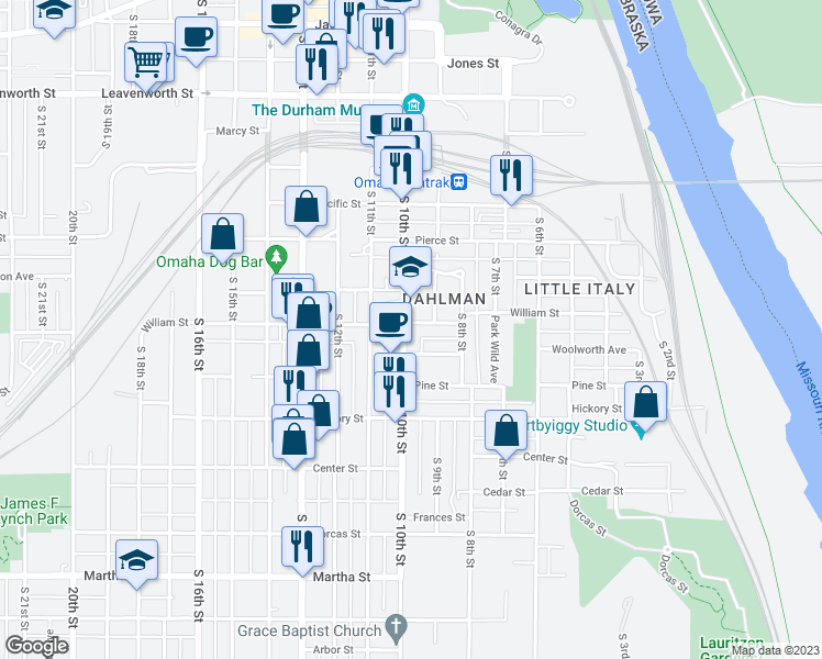 map of restaurants, bars, coffee shops, grocery stores, and more near 1401 South 10th Street in Omaha