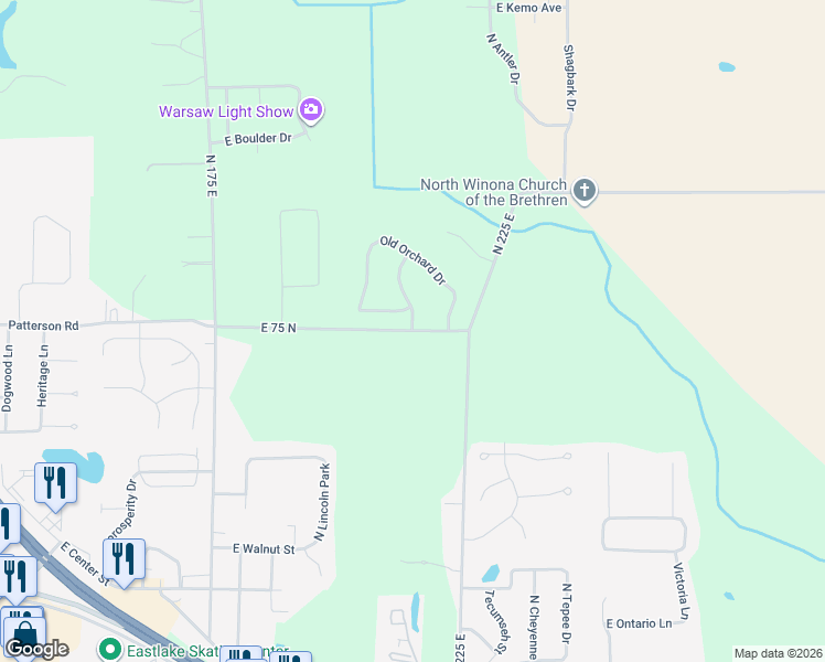 map of restaurants, bars, coffee shops, grocery stores, and more near North Persimmon Drive in Warsaw