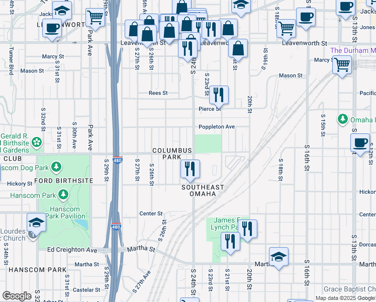 map of restaurants, bars, coffee shops, grocery stores, and more near 2406 Woolworth Avenue in Omaha