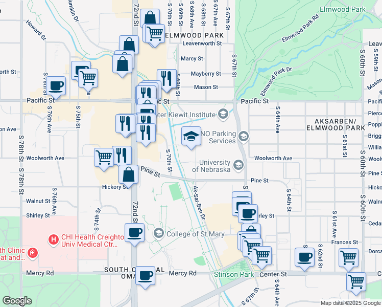 map of restaurants, bars, coffee shops, grocery stores, and more near 6902 Pine Street in Omaha