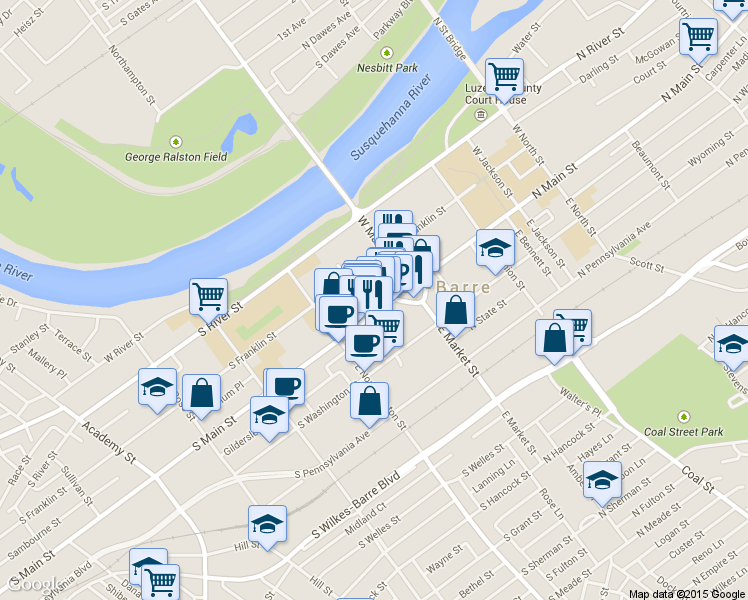 map of restaurants, bars, coffee shops, grocery stores, and more near 27-35 Public Square in Wilkes-Barre