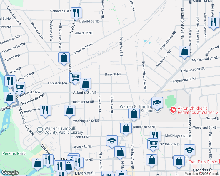map of restaurants, bars, coffee shops, grocery stores, and more near 1033 Olive Avenue Northeast in Niles