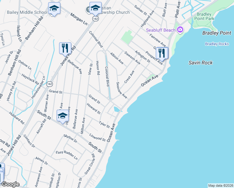 map of restaurants, bars, coffee shops, grocery stores, and more near 184 Connecticut Avenue in West Haven