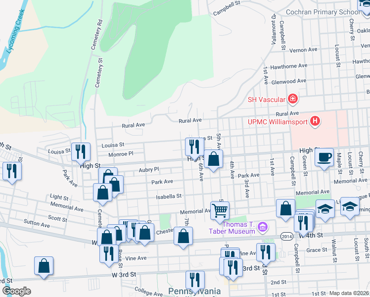 map of restaurants, bars, coffee shops, grocery stores, and more near 1056 High Street in Williamsport