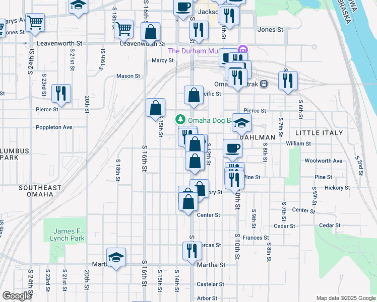 map of restaurants, bars, coffee shops, grocery stores, and more near 1402 South 13th Street in Omaha