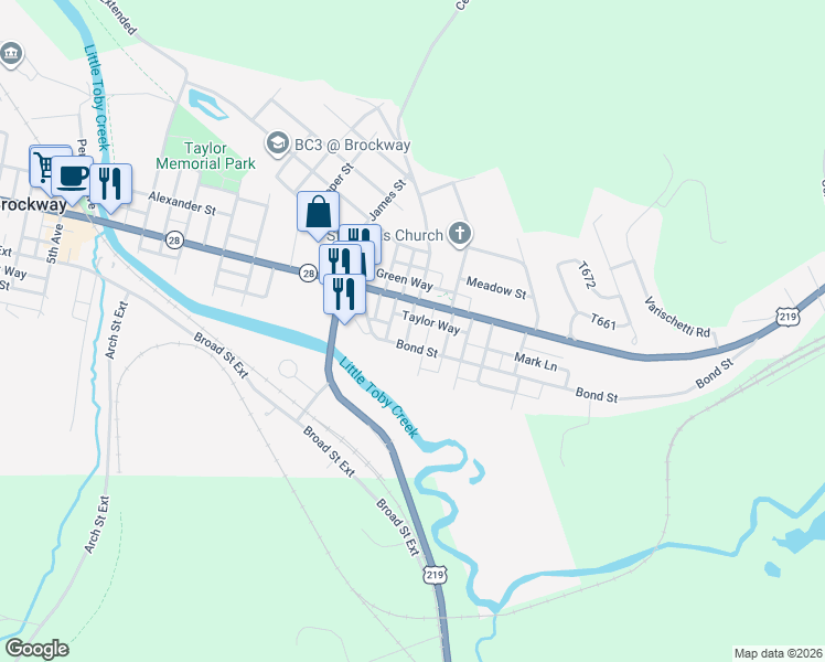 map of restaurants, bars, coffee shops, grocery stores, and more near 900 Knight Way in Brockway