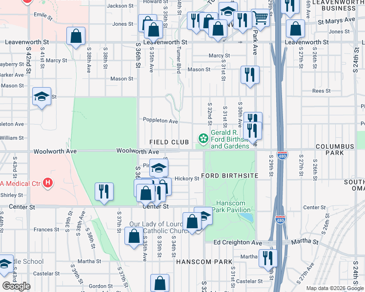 map of restaurants, bars, coffee shops, grocery stores, and more near 3322 Woolworth Avenue in Omaha