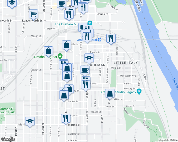 map of restaurants, bars, coffee shops, grocery stores, and more near in Omaha