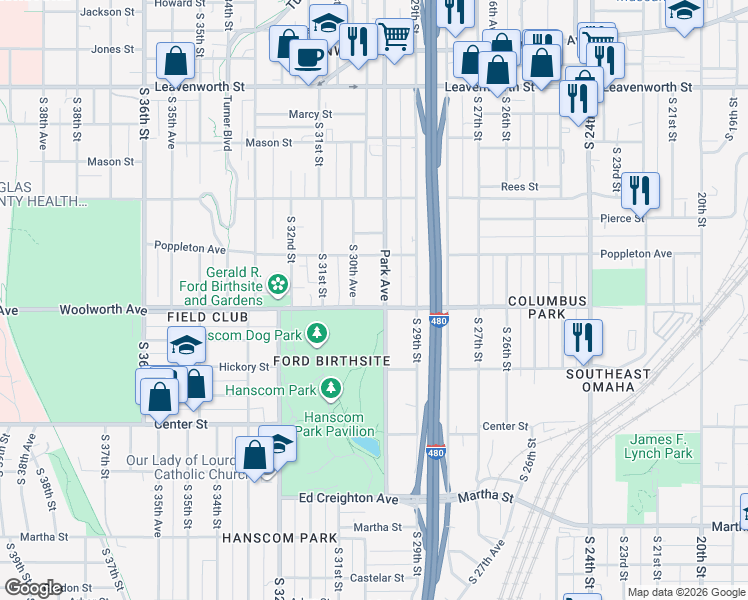 map of restaurants, bars, coffee shops, grocery stores, and more near 2940 Woolworth Avenue in Omaha