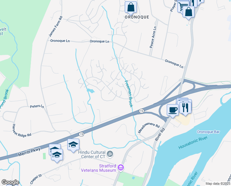 map of restaurants, bars, coffee shops, grocery stores, and more near 173 South Trail in Stratford