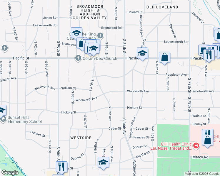 map of restaurants, bars, coffee shops, grocery stores, and more near 8440 Woolworth Avenue in Omaha
