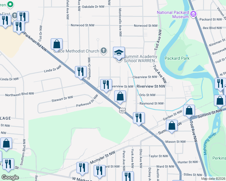 map of restaurants, bars, coffee shops, grocery stores, and more near 1360 Drexel Avenue Northwest in Warren