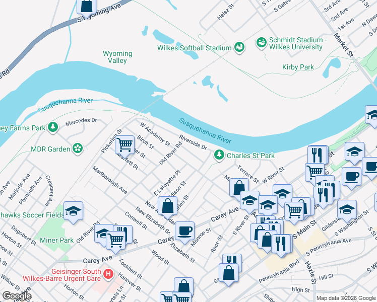 map of restaurants, bars, coffee shops, grocery stores, and more near New Mallery Place in Wilkes-Barre