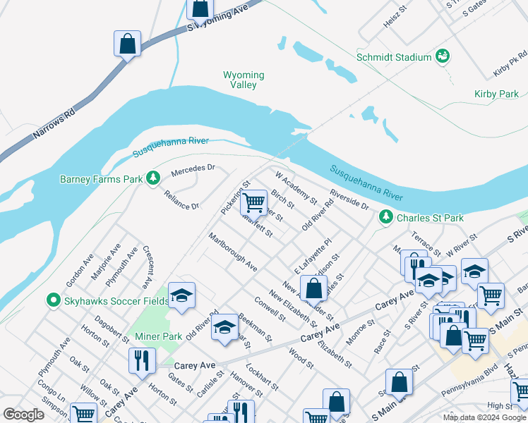 map of restaurants, bars, coffee shops, grocery stores, and more near 66 Miner Street in Wilkes-Barre