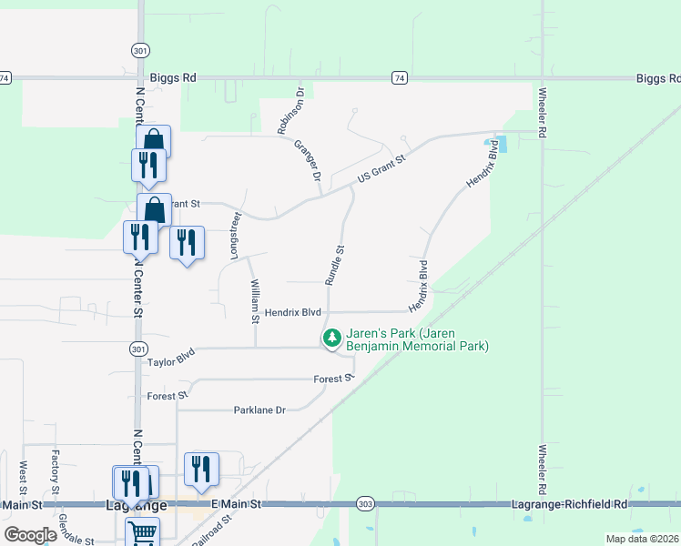 map of restaurants, bars, coffee shops, grocery stores, and more near 608 Rundle Street in LaGrange