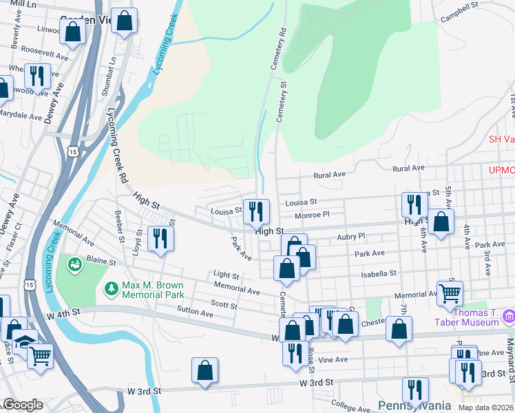 map of restaurants, bars, coffee shops, grocery stores, and more near 798 Wildwood Boulevard in Williamsport