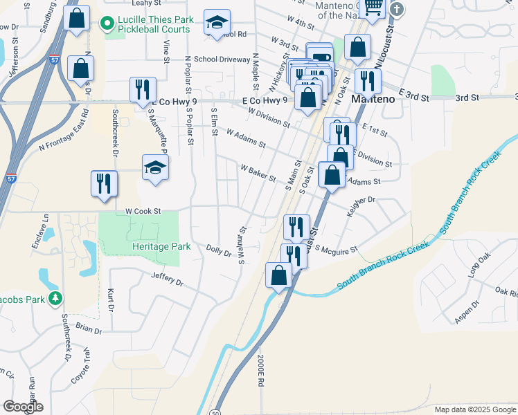 map of restaurants, bars, coffee shops, grocery stores, and more near 286 South Walnut Street in Manteno