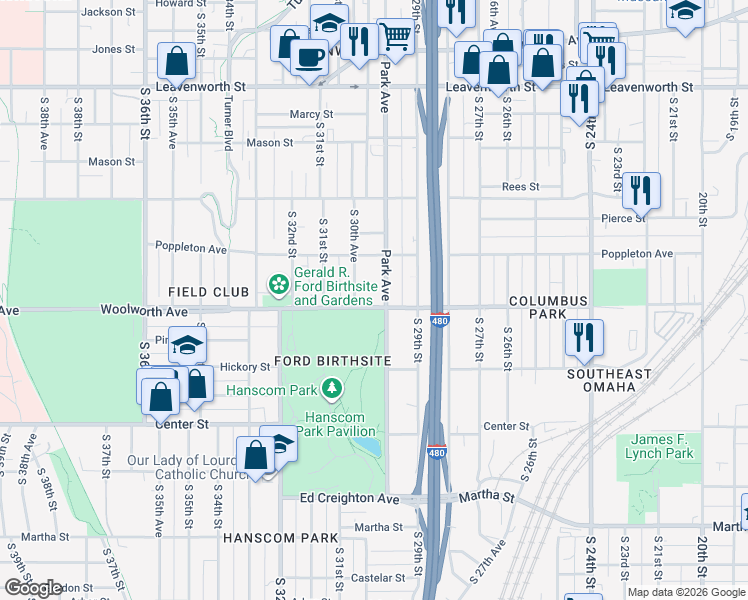 map of restaurants, bars, coffee shops, grocery stores, and more near 2940 Woolworth Avenue in Omaha
