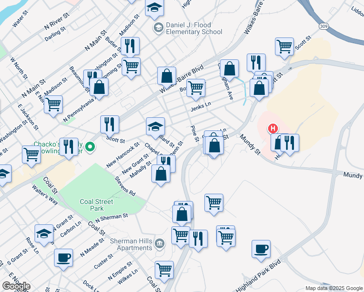 map of restaurants, bars, coffee shops, grocery stores, and more near 33 Penn St in Wilkes-Barre