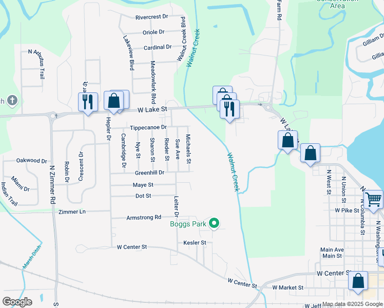 map of restaurants, bars, coffee shops, grocery stores, and more near 1822 Michaels St in Warsaw