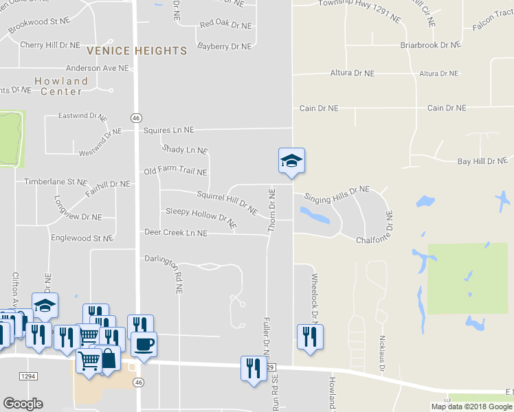 map of restaurants, bars, coffee shops, grocery stores, and more near 8677 Squirrel Hill Drive Northeast in Warren