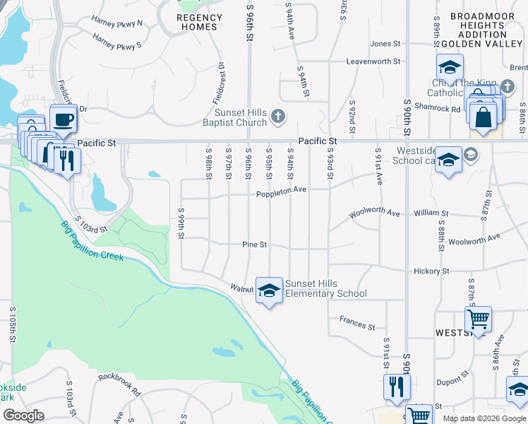 map of restaurants, bars, coffee shops, grocery stores, and more near 1322 South 95th Street in Omaha