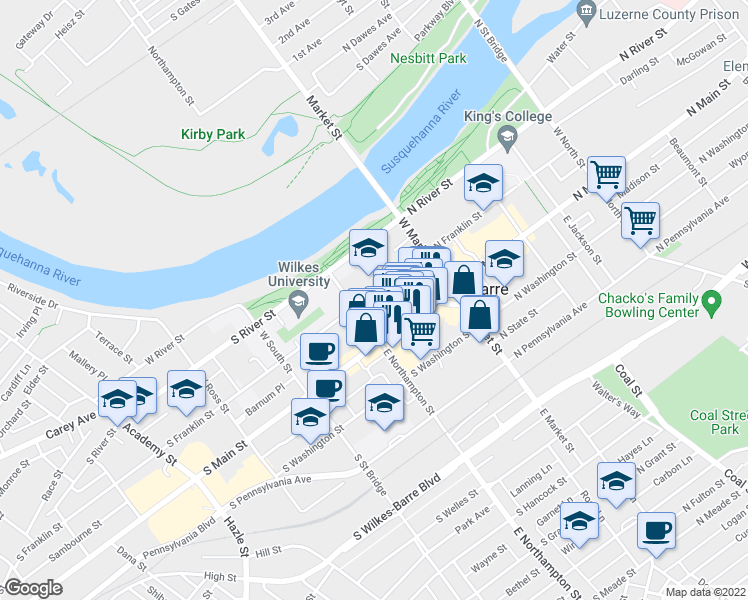 map of restaurants, bars, coffee shops, grocery stores, and more near 785 South Franklin Street in Wilkes-Barre
