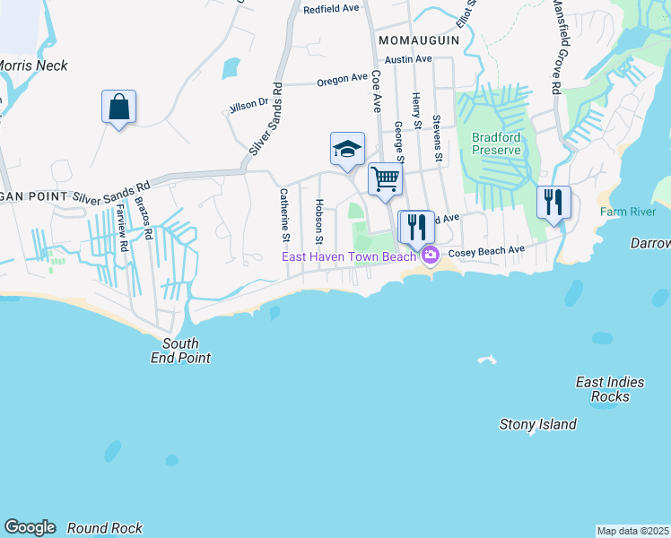 map of restaurants, bars, coffee shops, grocery stores, and more near Cosey Beach Avenue & Phillip Street in East Haven