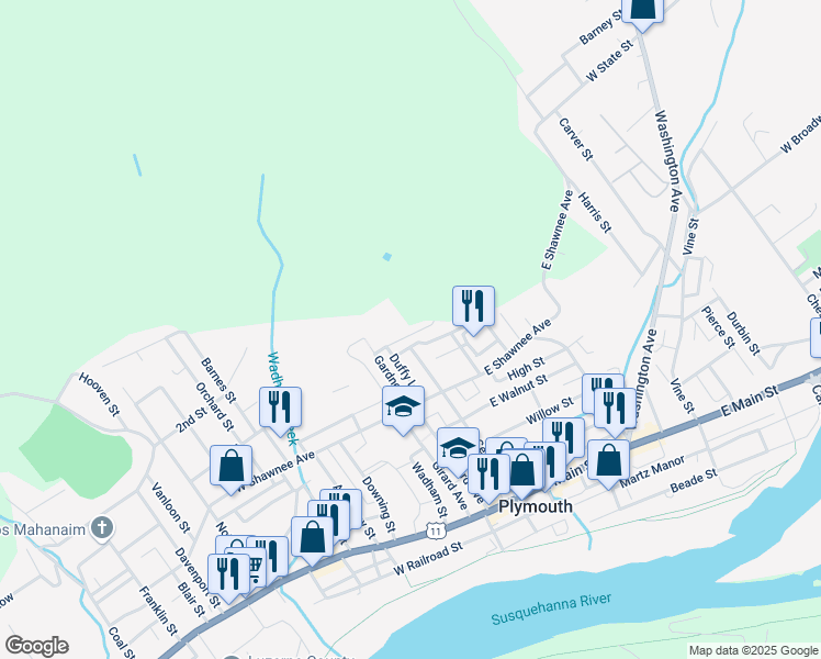 map of restaurants, bars, coffee shops, grocery stores, and more near 11 East Wall Street in Plymouth