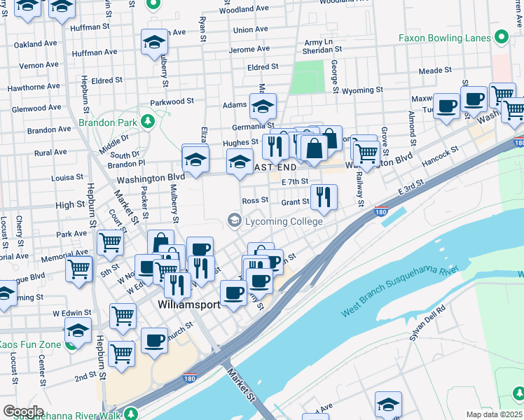 map of restaurants, bars, coffee shops, grocery stores, and more near 420 Lacey Street in Williamsport