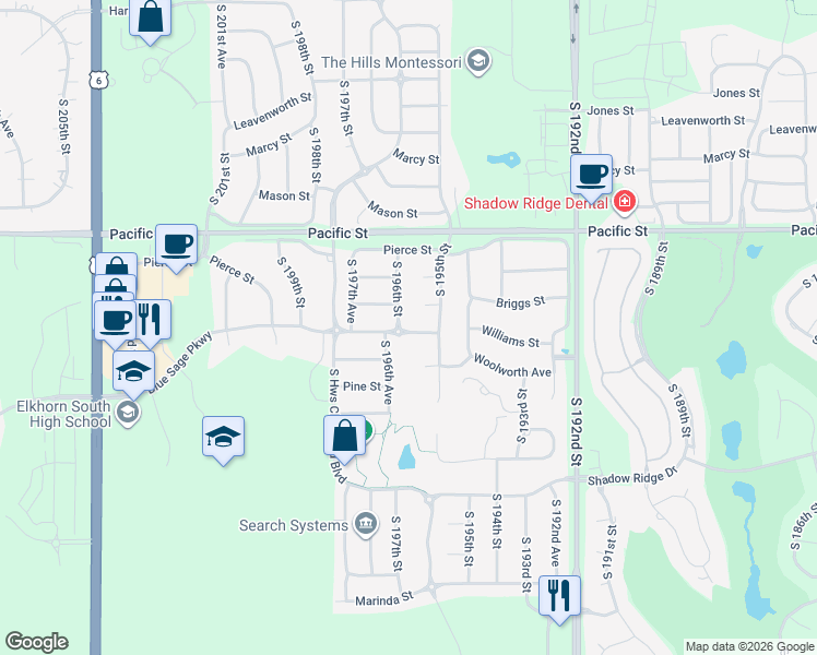 map of restaurants, bars, coffee shops, grocery stores, and more near 19516 William Street in Omaha
