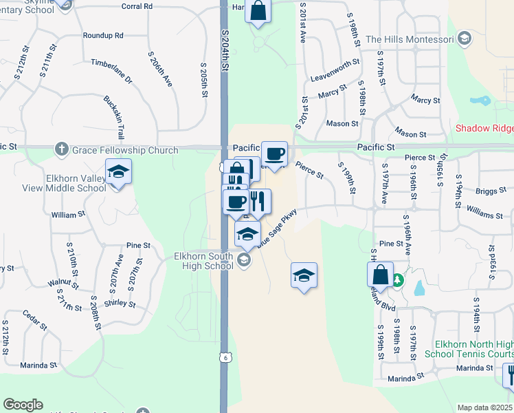 map of restaurants, bars, coffee shops, grocery stores, and more near 1403 South 203rd Street in Omaha