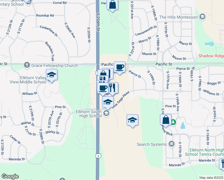 map of restaurants, bars, coffee shops, grocery stores, and more near 1403 South 203rd Street in Omaha