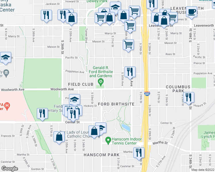 map of restaurants, bars, coffee shops, grocery stores, and more near 3120 Woolworth Avenue in Omaha