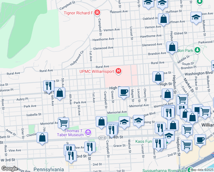 map of restaurants, bars, coffee shops, grocery stores, and more near 704 Campbell Street in Williamsport