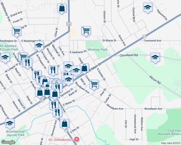 map of restaurants, bars, coffee shops, grocery stores, and more near 128 East Main Street in Norwalk