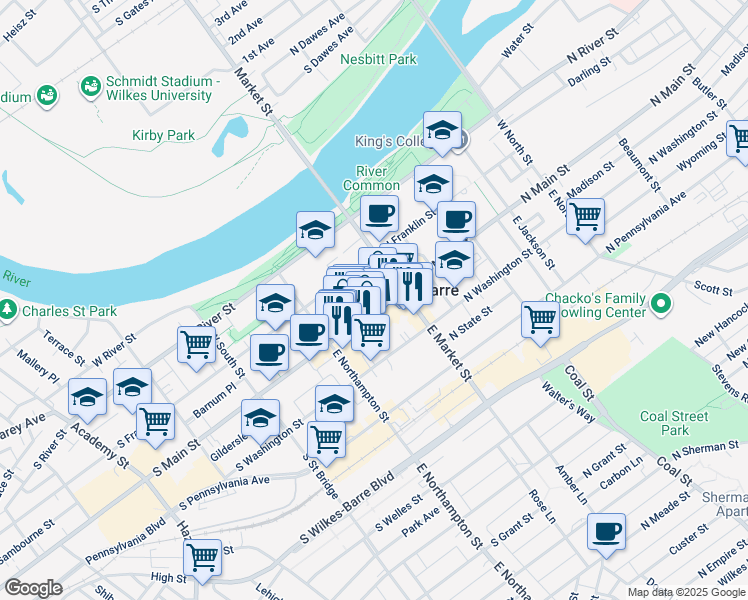 map of restaurants, bars, coffee shops, grocery stores, and more near 15 South Main Street in Wilkes-Barre