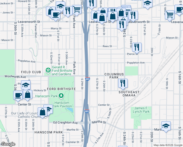 map of restaurants, bars, coffee shops, grocery stores, and more near 1337 South 28th Street in Omaha
