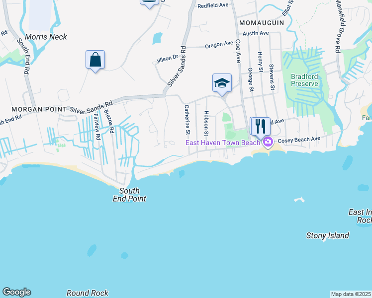 map of restaurants, bars, coffee shops, grocery stores, and more near 14 Catherine Street in East Haven