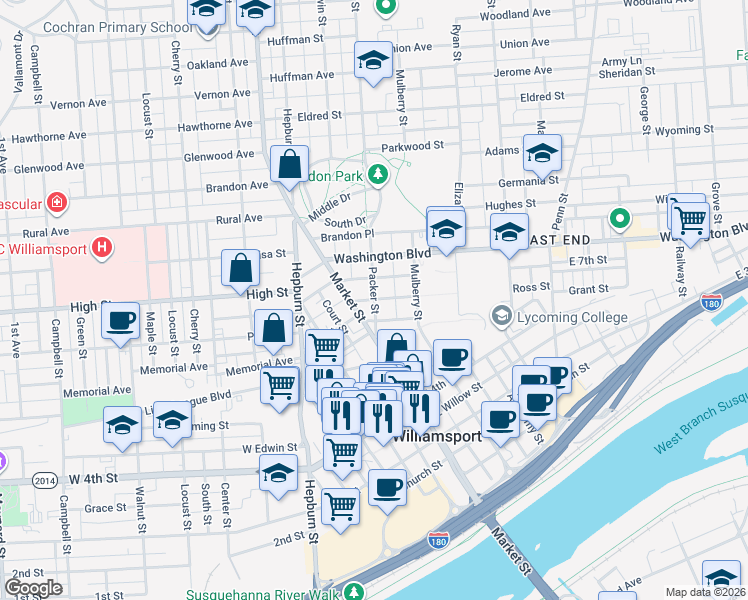 map of restaurants, bars, coffee shops, grocery stores, and more near 12 Ross Street in Williamsport